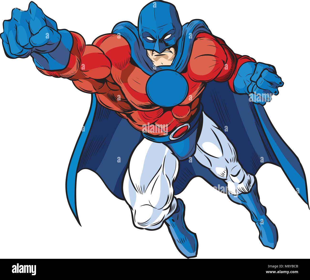 Vector cartoon clip art illustration d'un homme musclé dans un super-héros en cape et masque rouge patriotique des couleurs blanches et bleues. Illustration de Vecteur