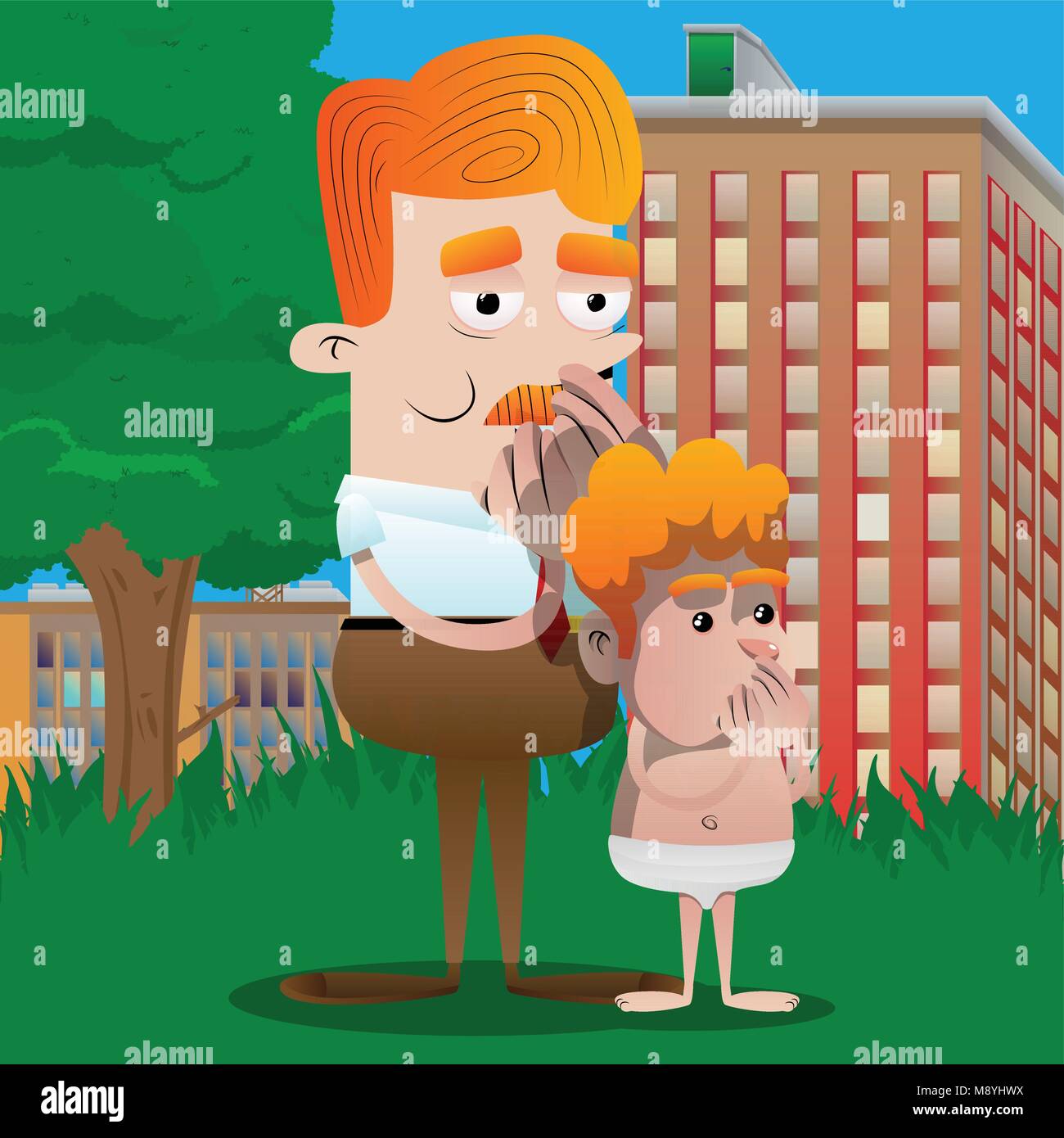 Happy smiling d'affaires réussi et le père avec les mains sur la bouche avec son fils. Vector cartoon character illustration. Illustration de Vecteur Happy smiling d'affaires réussi et le père avec les mains sur la bouche avec son fils. Vector cartoon character illustration. Illustration de Vecteur