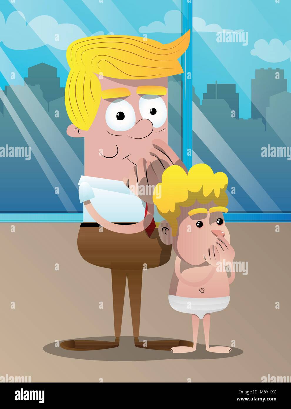 Happy smiling d'affaires réussi et le père avec les mains sur la bouche avec son fils. Vector cartoon character illustration. Illustration de Vecteur Happy smiling d'affaires réussi et le père avec les mains sur la bouche avec son fils. Vector cartoon character illustration. Illustration de Vecteur