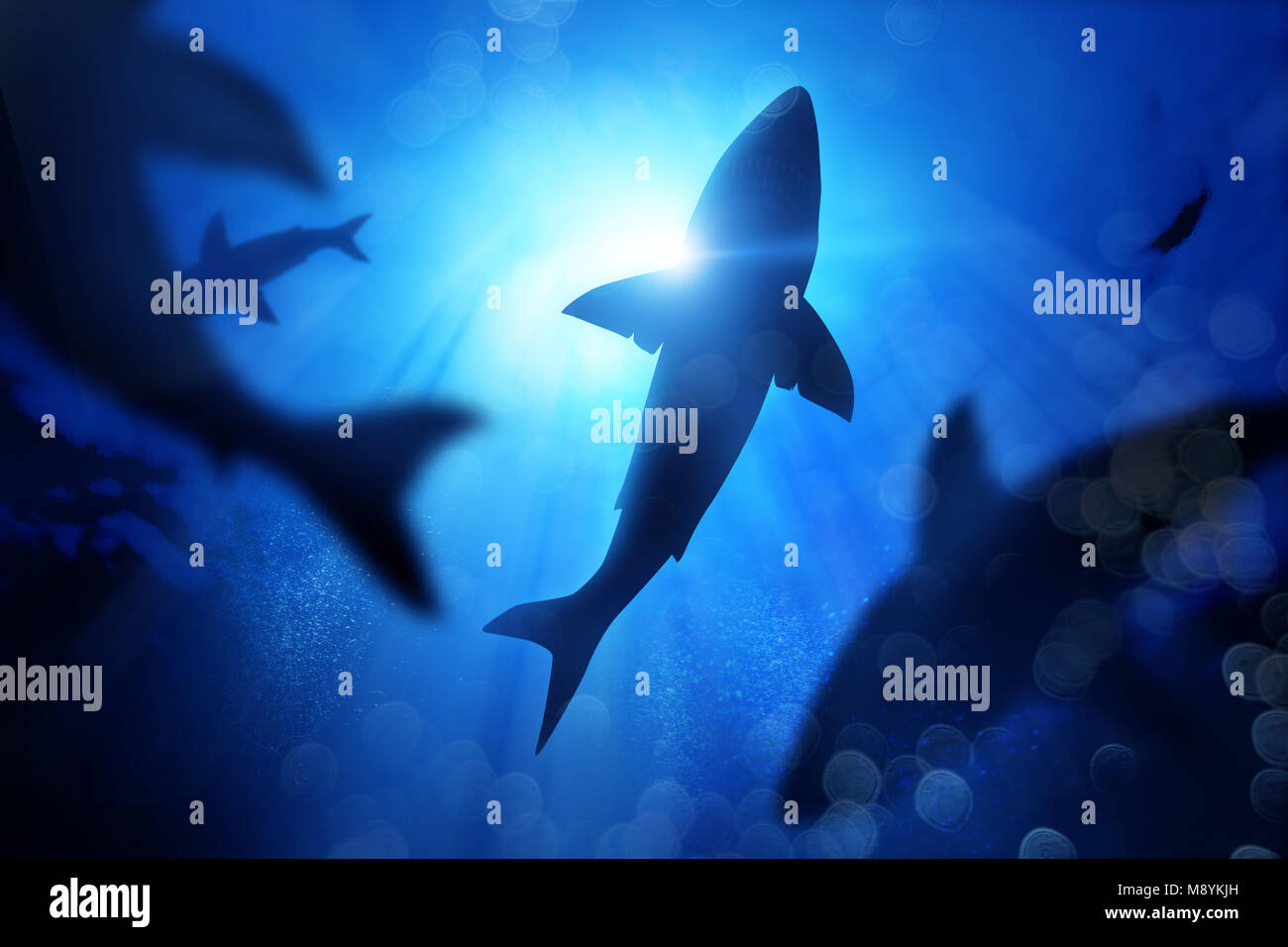 Une école des requins dans le bleu profond de la mer. Illustration technique mixte Banque D'Images