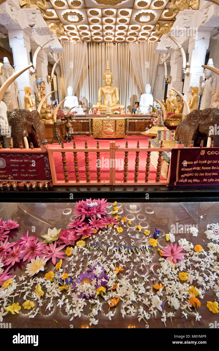 Lieu de culte à l'intérieur du Temple de la dent sacrée où les gens offrent des fleurs et des prières. Banque D'Images