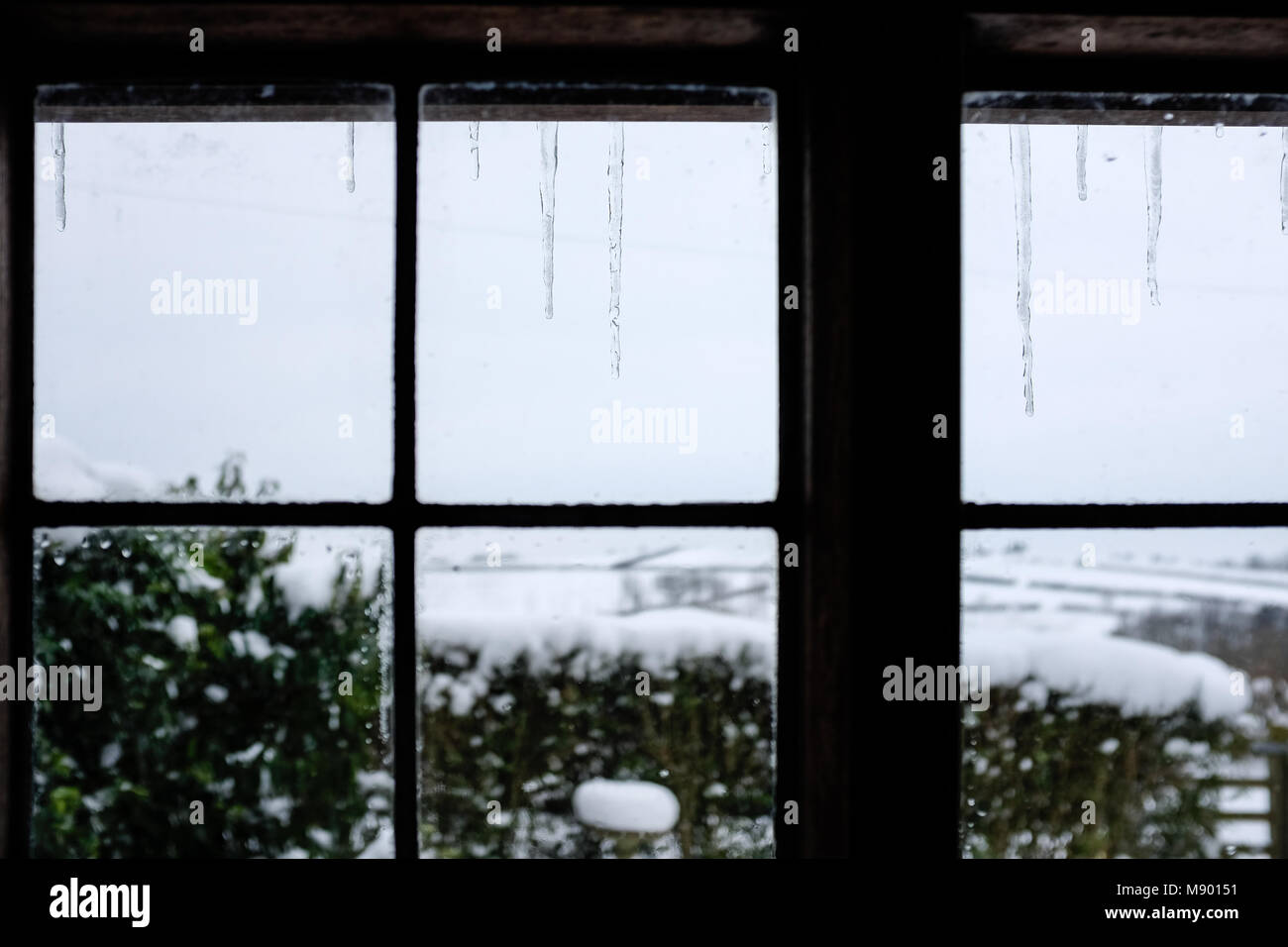 L'extérieur de glaçons pendant fenêtre avec neige en arrière-plan Banque D'Images