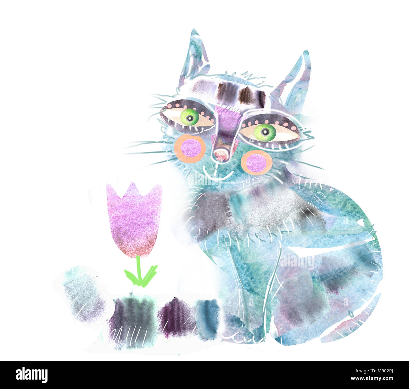 Printemps Aquarelle Chat Illustration Du Chat Et Fleur Isole Sur Fond Blanc Photo Stock Alamy