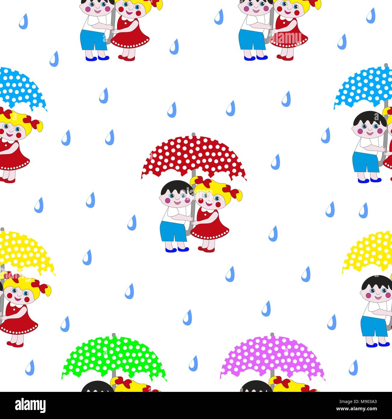 Cute cartoon garçon et fille sous un parapluie. Vector seamless texture pour les enfants. Illustration de Vecteur