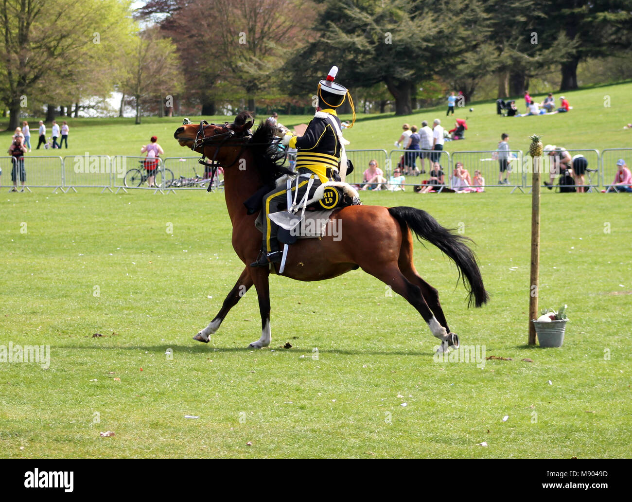 Les amateurs de militaires à cheval en 12e de dragons légers uniforme, adopter de nouveau la bataille de Waterloo Banque D'Images