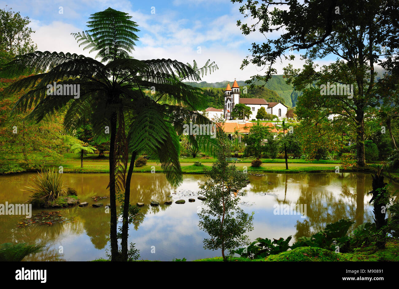 Fondée au 18e siècle, le Terra Nostra garden à Furnas est un des plus beaux et des jardins exotiques dans le monde. L'île de São Miguel, Açores Banque D'Images