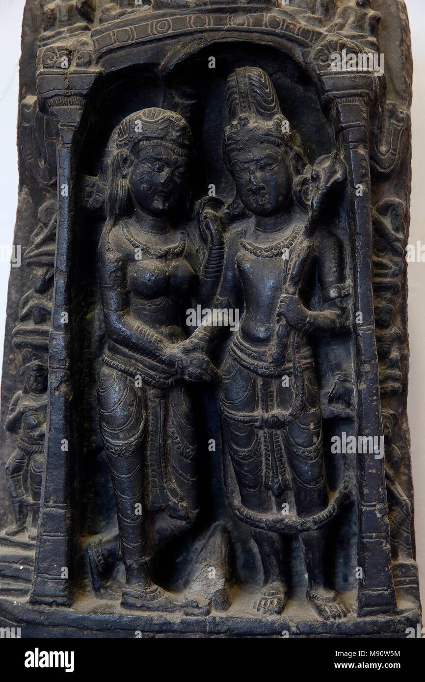 Musée national de l'Inde, Delhi. Mariage de Shiva et Parvati. 10ème siècle A.D., Pala Bihar. Pierre. Détail. L'Inde. Banque D'Images