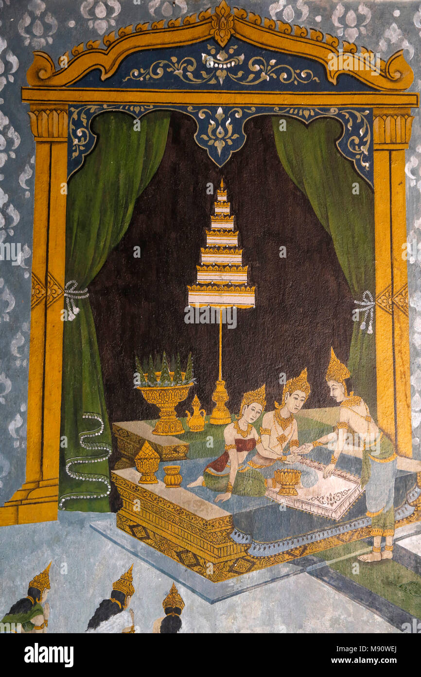 Fresque représentant une scène de la vie du Bouddha de Wat Phra That Doi Suthep, Chiang Mai. Jeune Bouddha comme un prince. Thaïlande Banque D'Images
