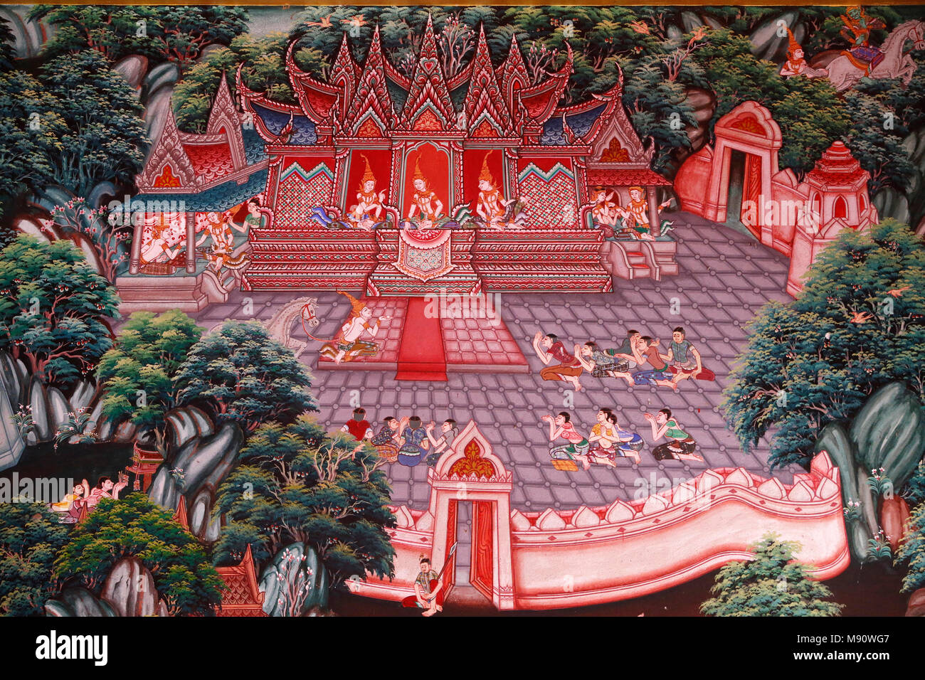 Fresque de Wat Ampharam, Hua Hin, Thaïlande. Narada Jataka, un des anciens du Bouddha vit. Banque D'Images