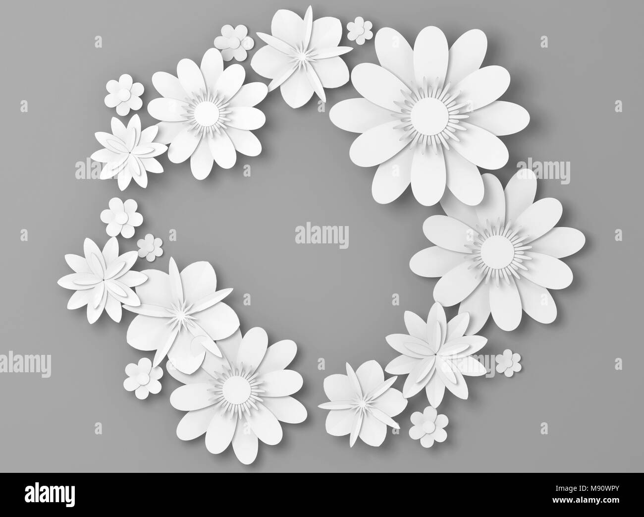 Des fleurs en papier blanc décoration ronde sur fond gris clair, carte de vœux, l'arrière-plan décoratif. 3d illustration Banque D'Images