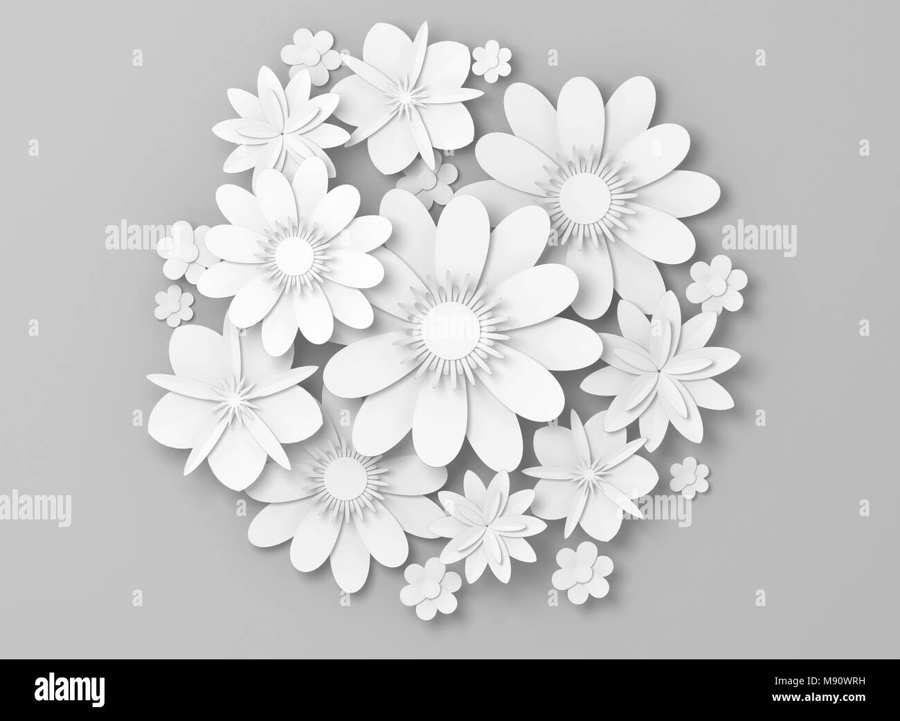 Papier blanc décoration fleurs sur fond gris clair, carte de vœux, l'arrière-plan décoratif. Rendu 3d illustration numérique Banque D'Images