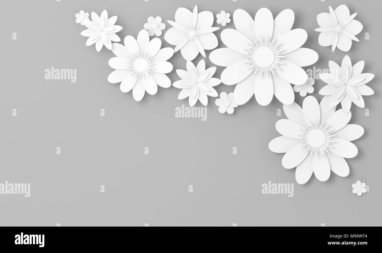 Papier blanc décoration fleurs sur fond gris, suite nuptiale, carte de voeux composition ornementale. Digital 3d illustration Banque D'Images