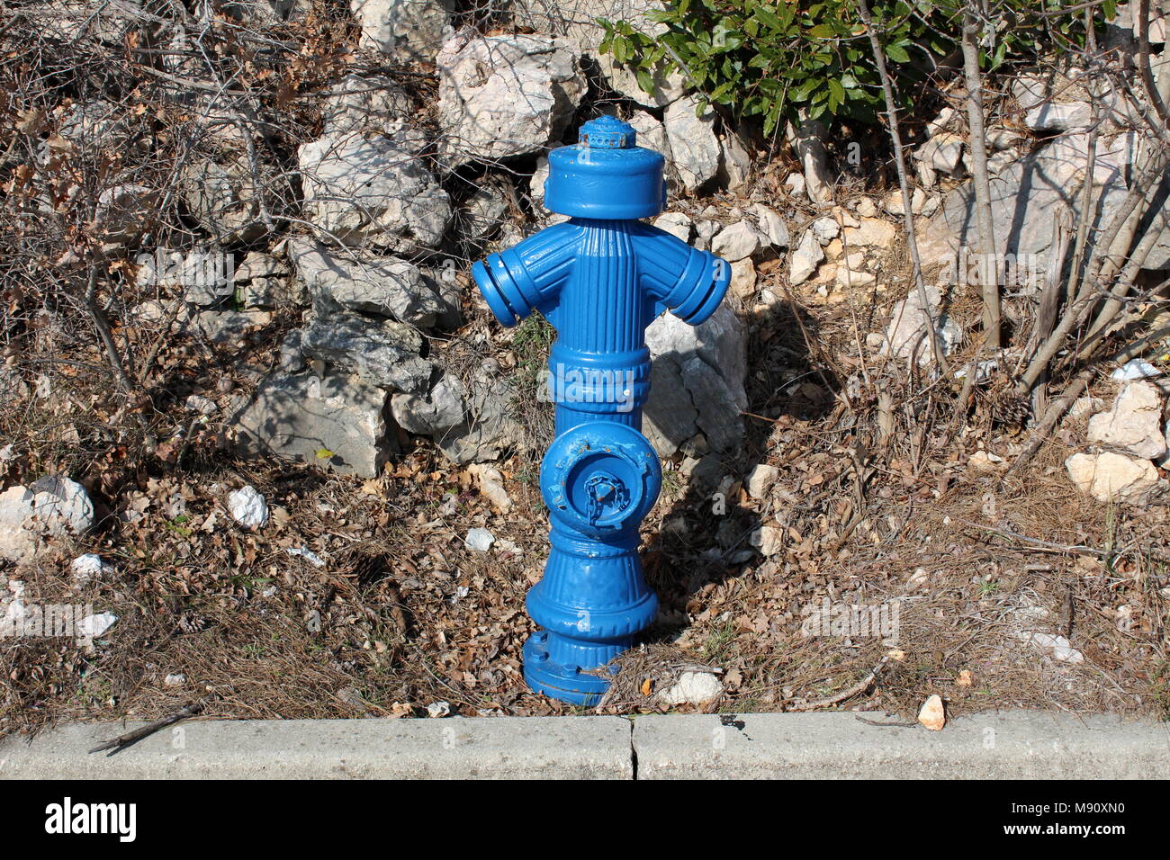Bleu métal-fontaine entourée de branches sèches, de feuilles mortes et de grands rochers sur journée d'hiver ensoleillée froide Banque D'Images