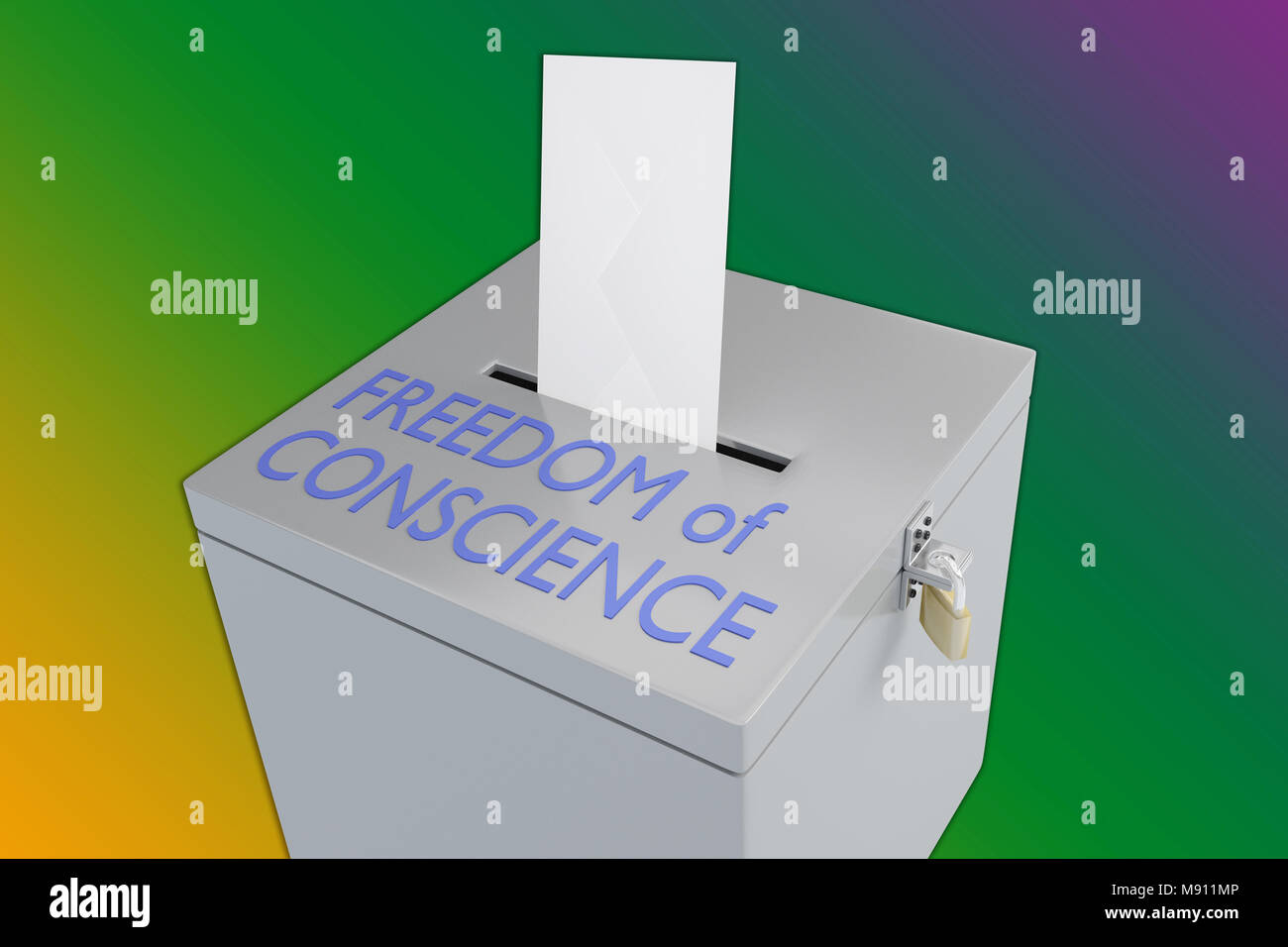 3D illustration de la liberté de conscience script sur une urne, et une enveloppe de vote été inséré dans l'urne, isolé sur une couleur de gra Banque D'Images