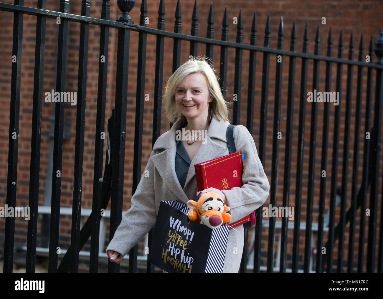 Liz Truss, Secrétaire en chef au Trésor, à Downing Street pour une réunion du Cabinet avec Tiger le caractère d'A.A. Milne's ourson histoires d'Ours Banque D'Images