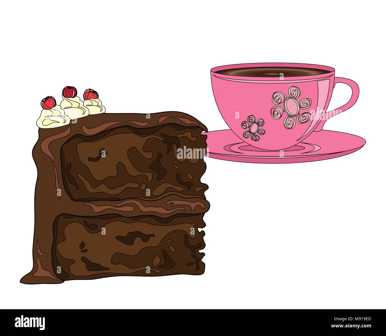 Un vecteur illustration en format eps 10 de gâteau au chocolat avec décoration de cerise avec une tasse de café fort sur un fond blanc Illustration de Vecteur
