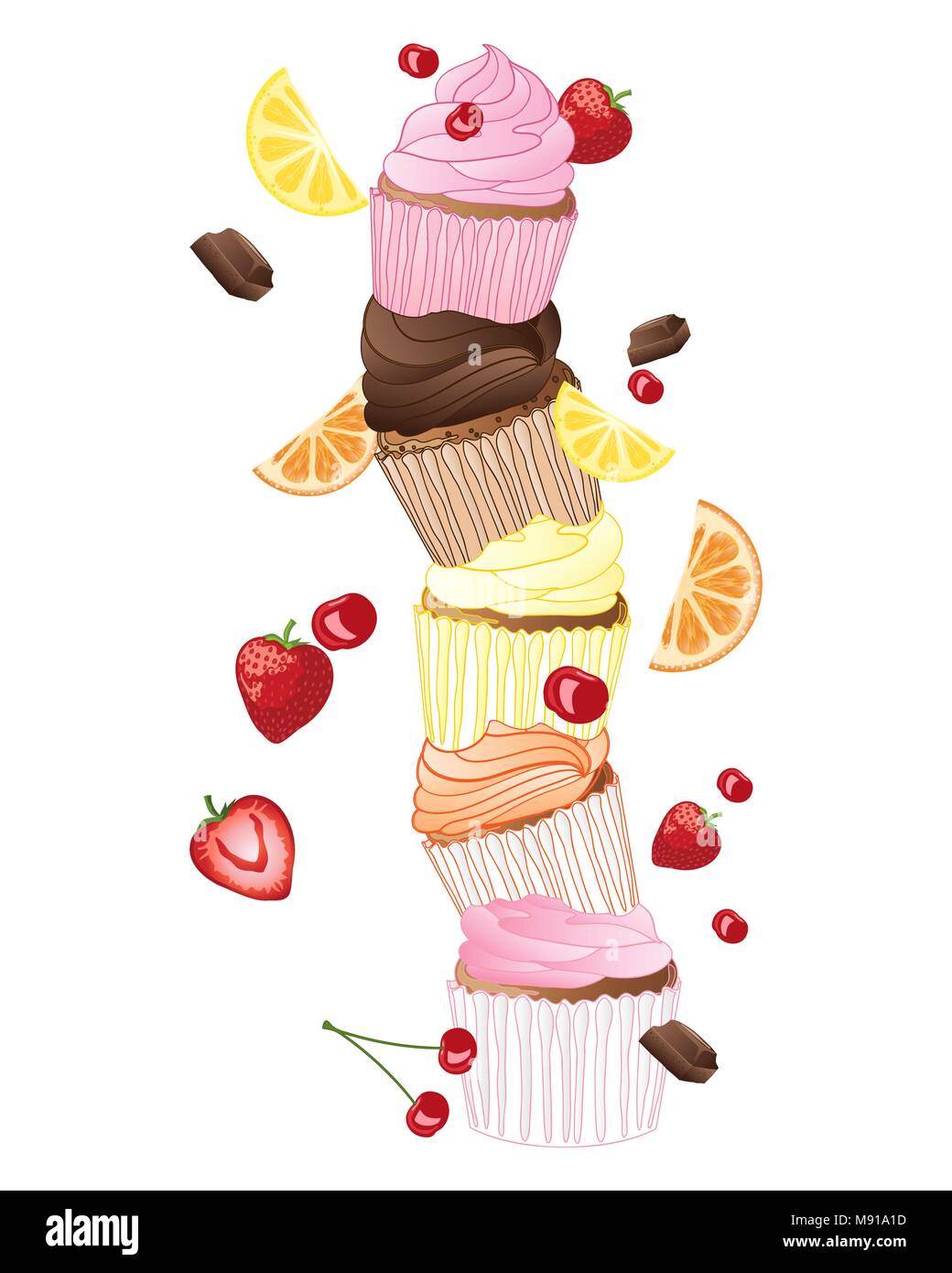Une illustration d'une pile de cup cakes dans différentes saveurs de fruits et décorer le chocolat sur fond blanc Illustration de Vecteur