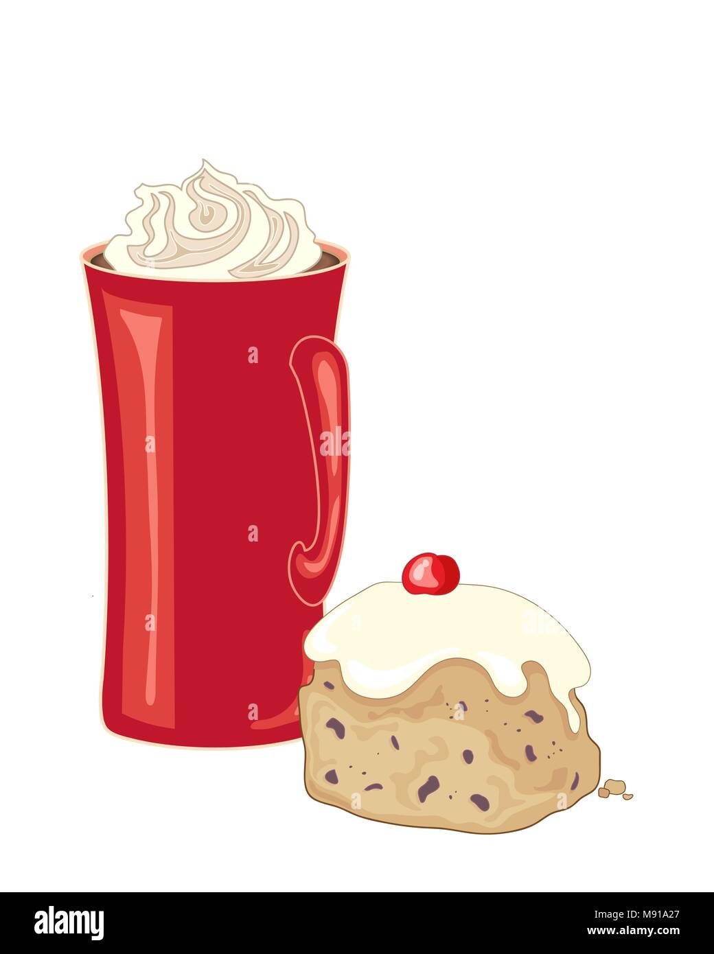 Un vecteur illustration en eps 10 rouge format d'une grande tasse de café avec de la crème fouettée mise à côté d'un petit pain glacé avec décoration cerise Illustration de Vecteur