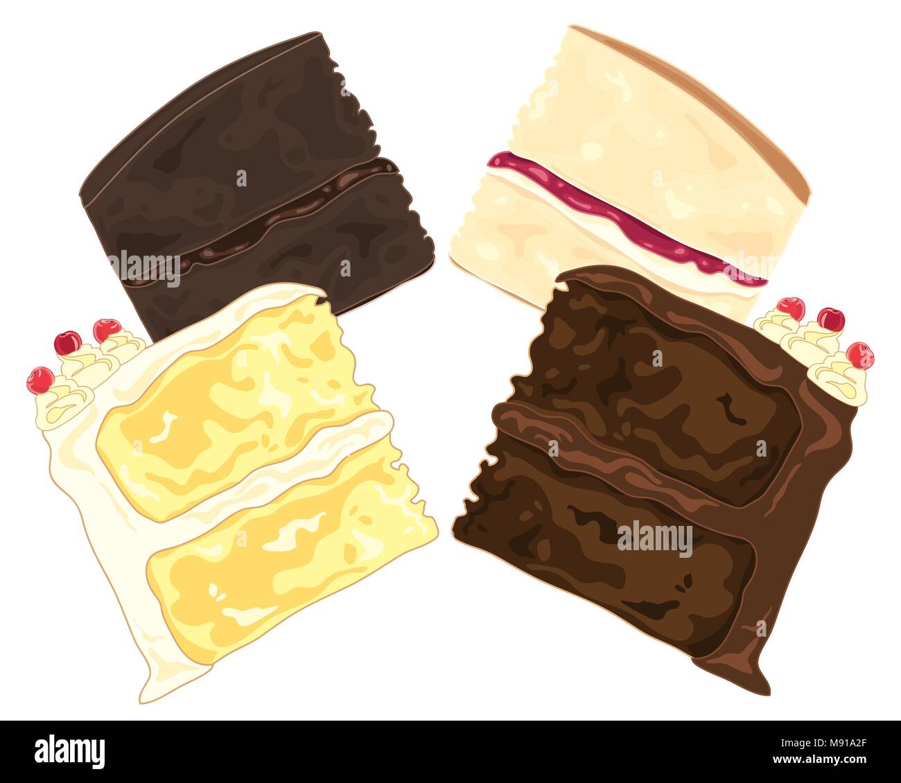 Un vecteur illustration en format eps 8 de Dark and Light tranches de gâteau sandwich avec crème swirl et garnir de cerises sur fond blanc Illustration de Vecteur