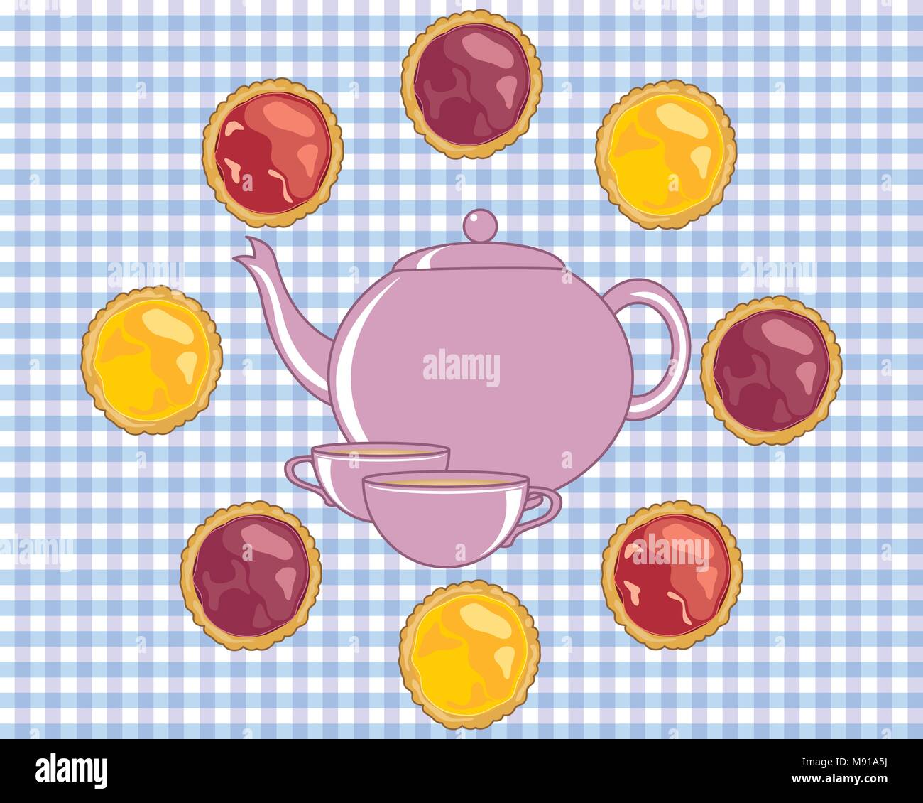 Un vecteur illustration au format eps d'une théière avec tasse entouré par de délicieuses tartelettes à la confiture dans un format d'annonce Illustration de Vecteur