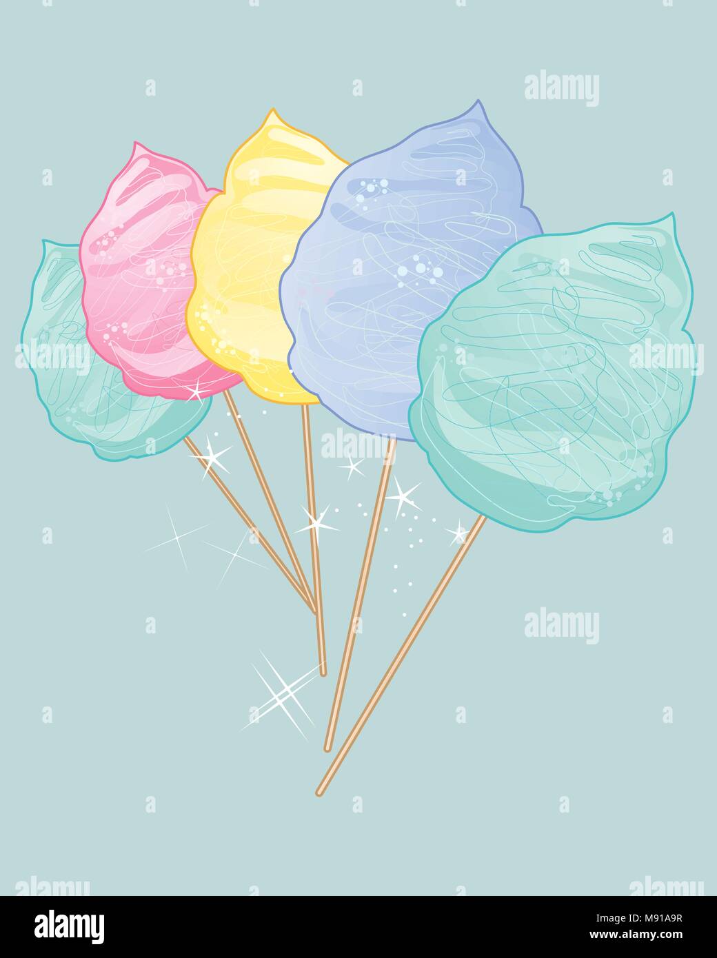 Un vecteur illustration en format eps 10 de délicieux bonbons coton vintage en couleurs sur un fond de jade Illustration de Vecteur