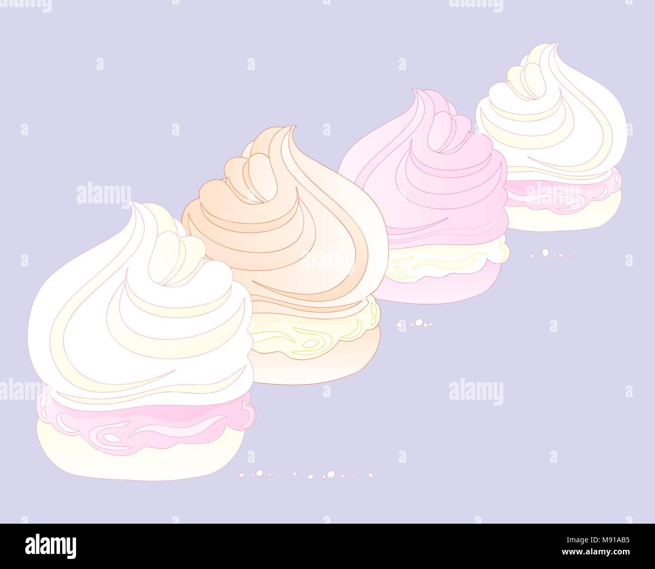 Un vecteur illustration en eps 10 format d'une ligne de meringue desserts avec une garniture à la crème sur fond violet en format annonce boulangerie Illustration de Vecteur