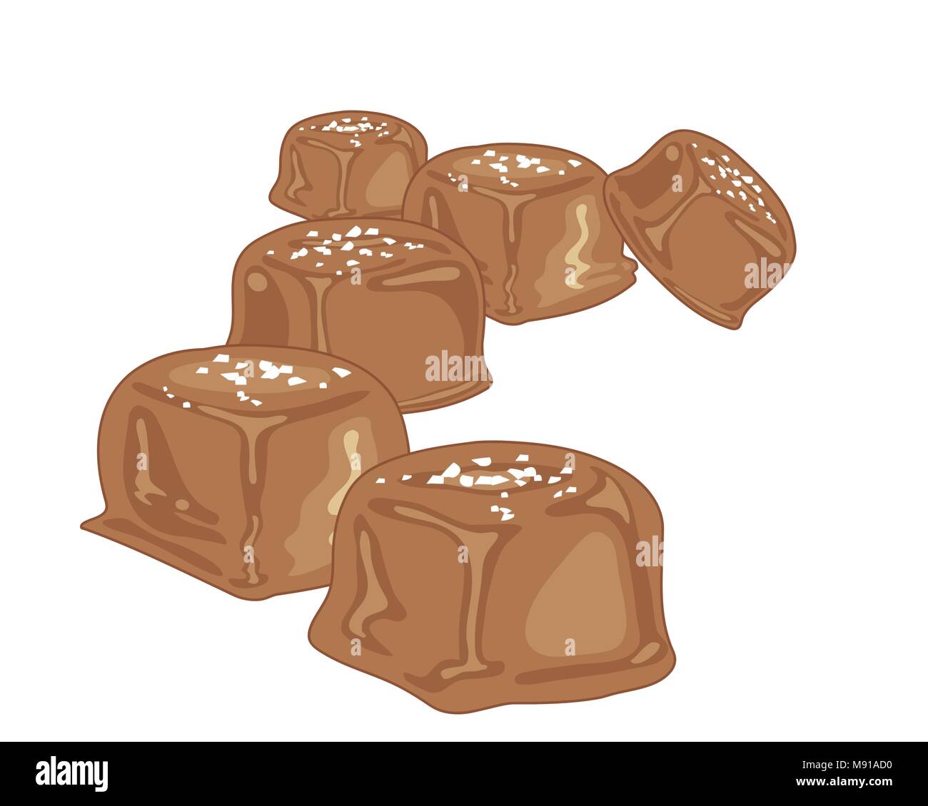 Un vecteur illustration au format eps de morceaux de bonbons au caramel avec un enrobage de chocolat et une pincée de sel de mer sur un fond blanc Illustration de Vecteur