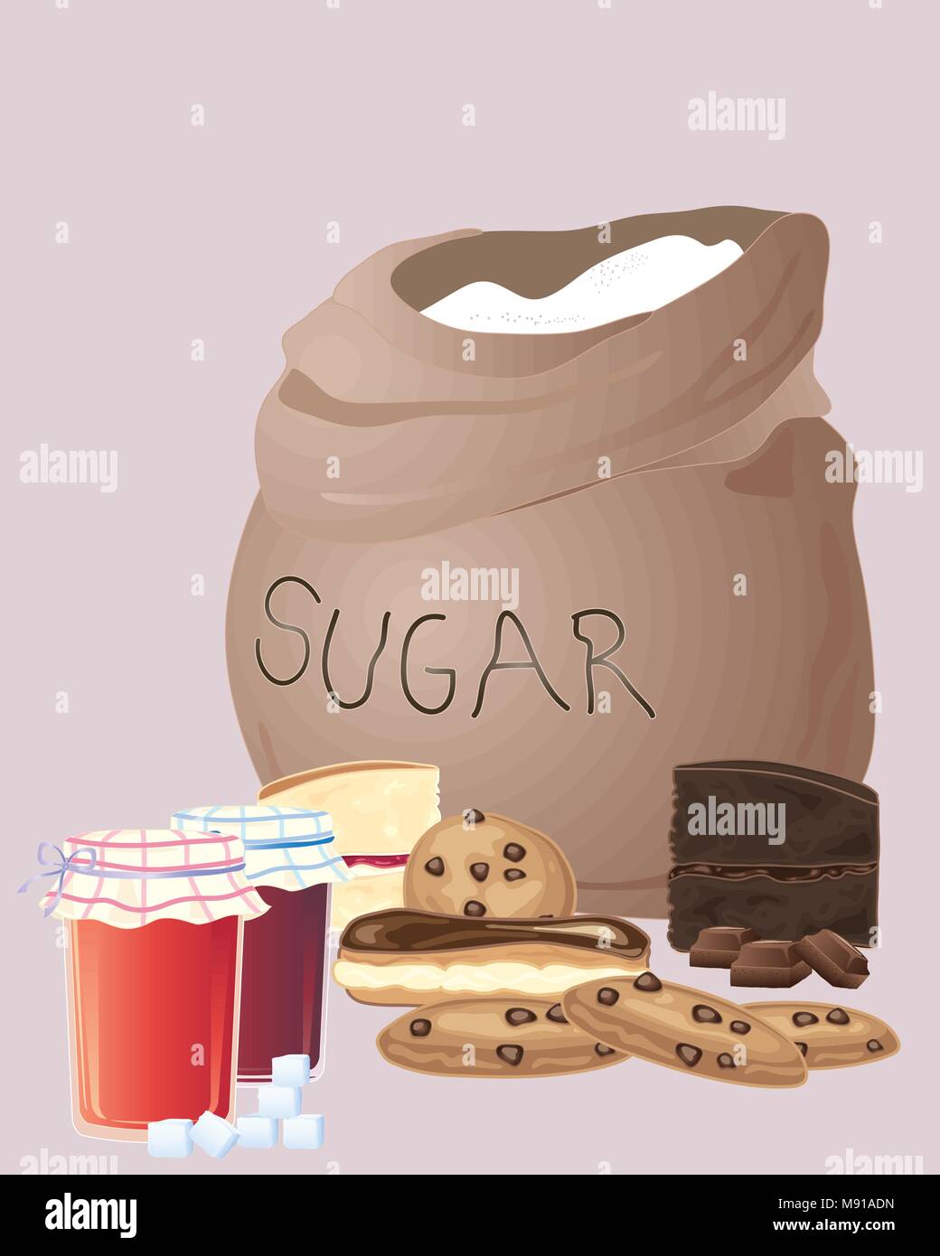 Un vecteur illustration en eps 10 format d'un sac de sucre avec un groupe de gâteaux confitures et des cookies sur un fond brun Illustration de Vecteur