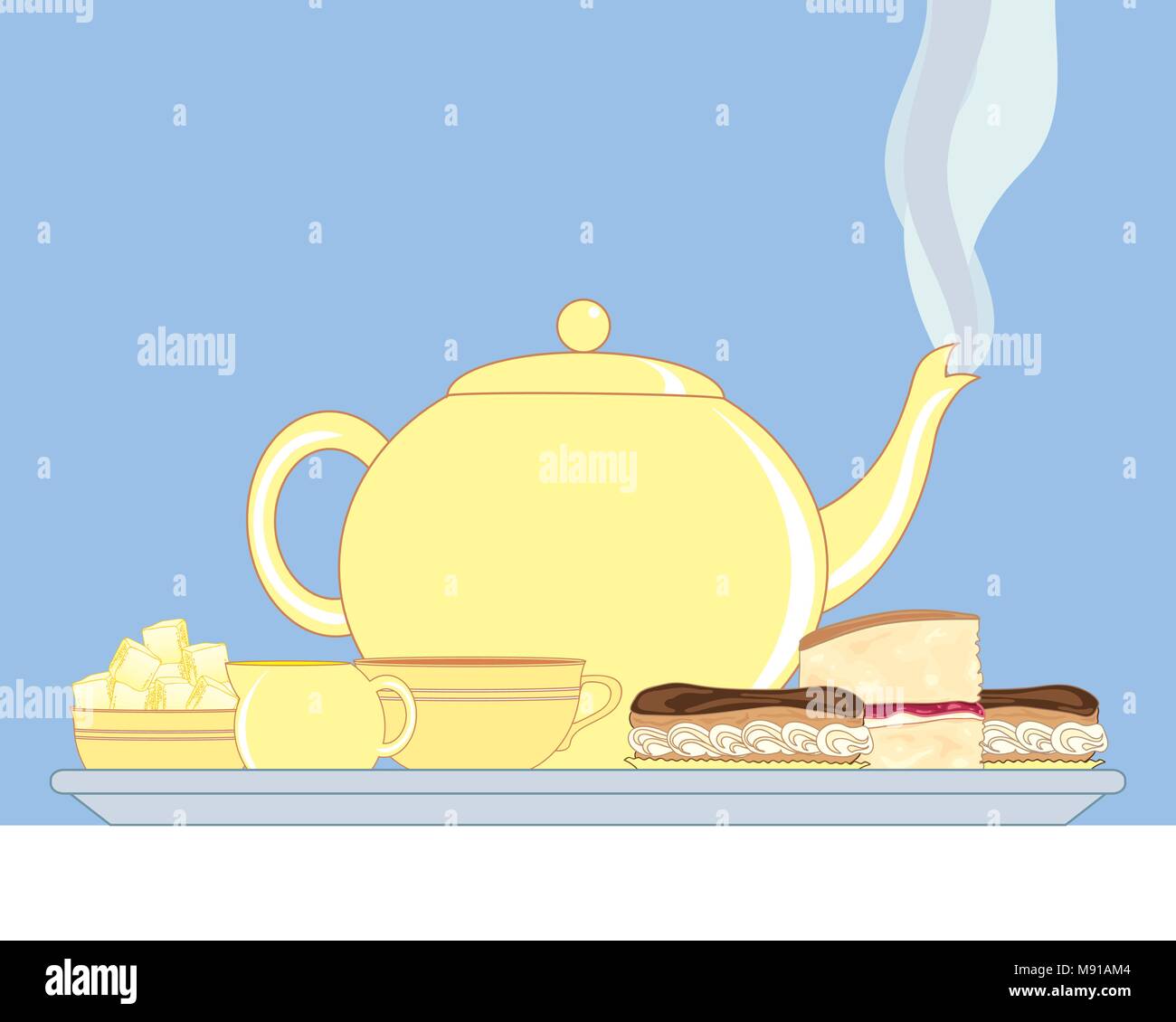 Un vecteur illustration en eps 10 format d'un plateau avec une théière fumante pot à lait sucrier tasse et de délicieux gâteaux sur une nappe blanche Illustration de Vecteur
