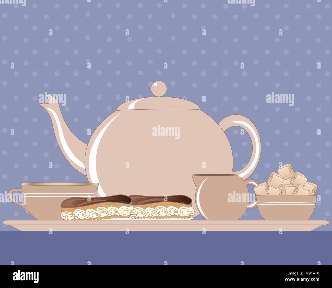 Un vecteur illustration en eps 10 format d'une après-midi thé théière avec tasse sucrier pot à lait et deux éclairs au chocolat sur une nappe bleue Illustration de Vecteur