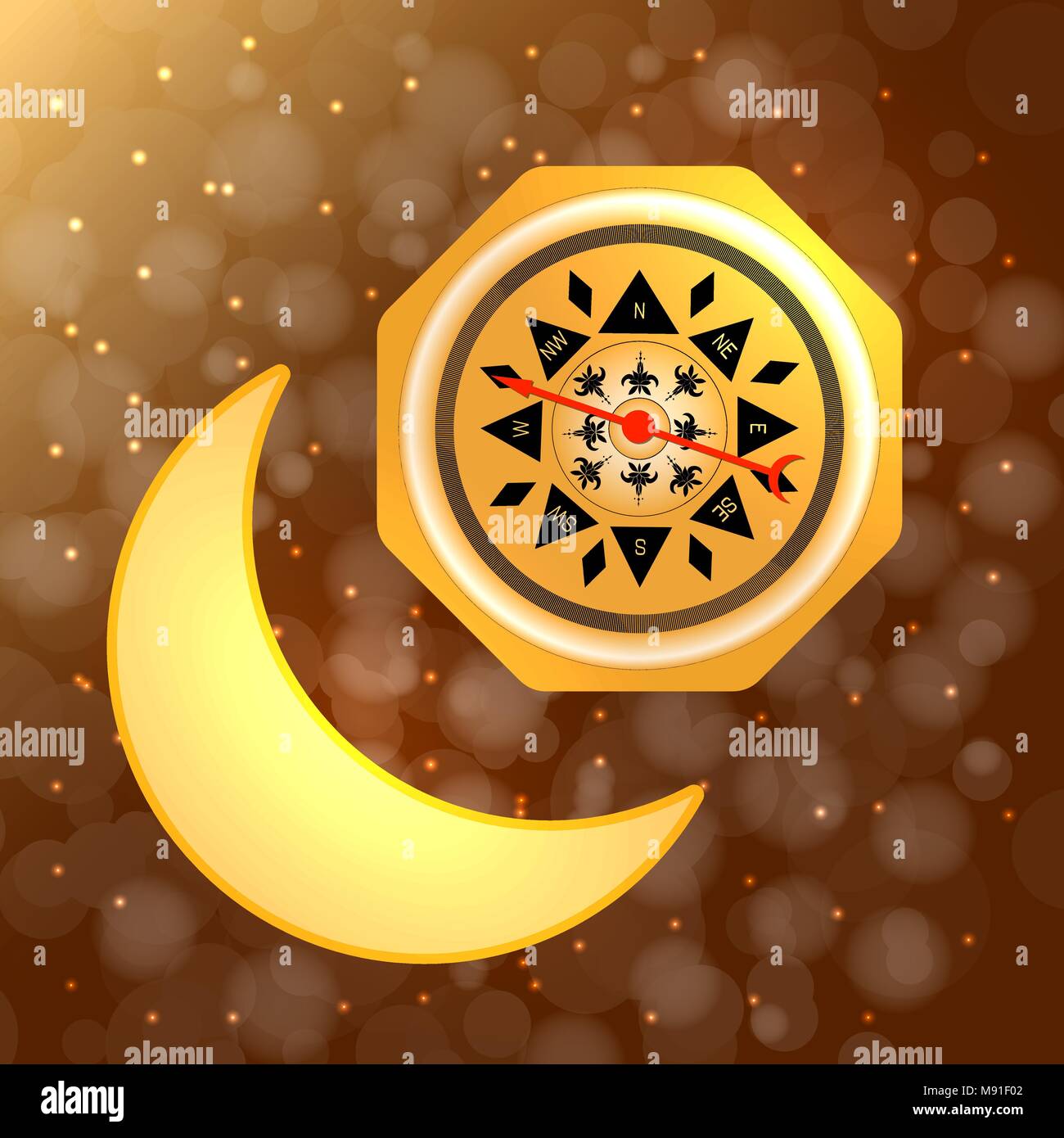 Ramadan Kareem. Concept d'une fête musulmane. Lune et boussole. Sur un fond brun avec blur Illustration de Vecteur