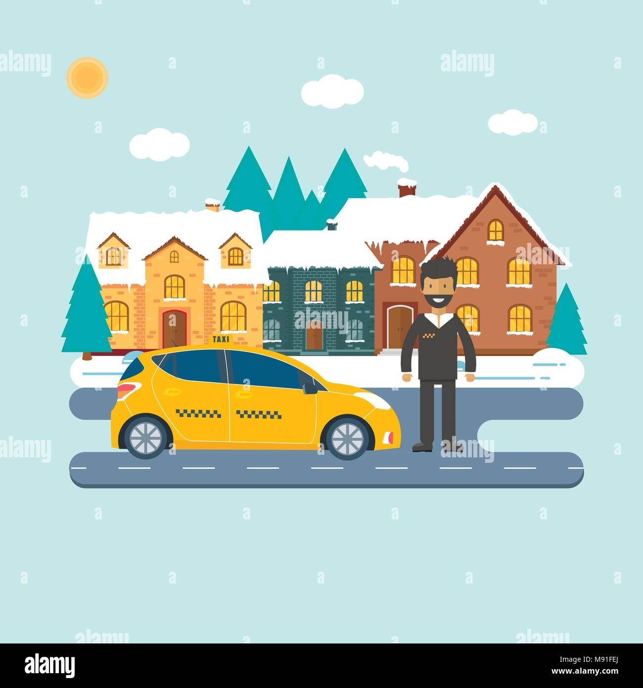 Yellow Cab de la machine avec chauffeur dans la ville. Service de taxi public concept. Télévision vector illustration. Illustration de Vecteur