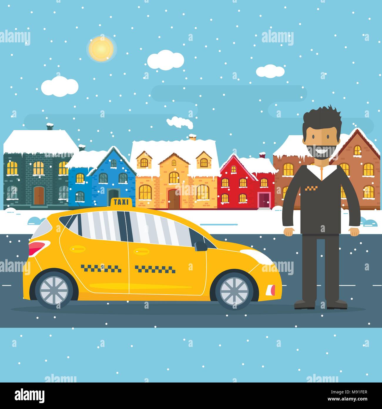 Yellow Cab de la machine avec chauffeur dans la ville. Service de taxi public concept. Télévision vector illustration. Illustration de Vecteur