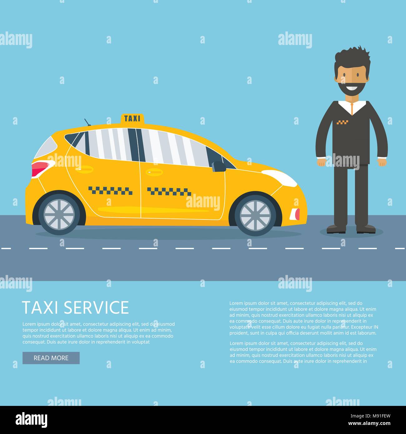 Yellow Cab de la machine avec chauffeur dans la ville. Service de taxi public concept. Télévision vector illustration. Illustration de Vecteur