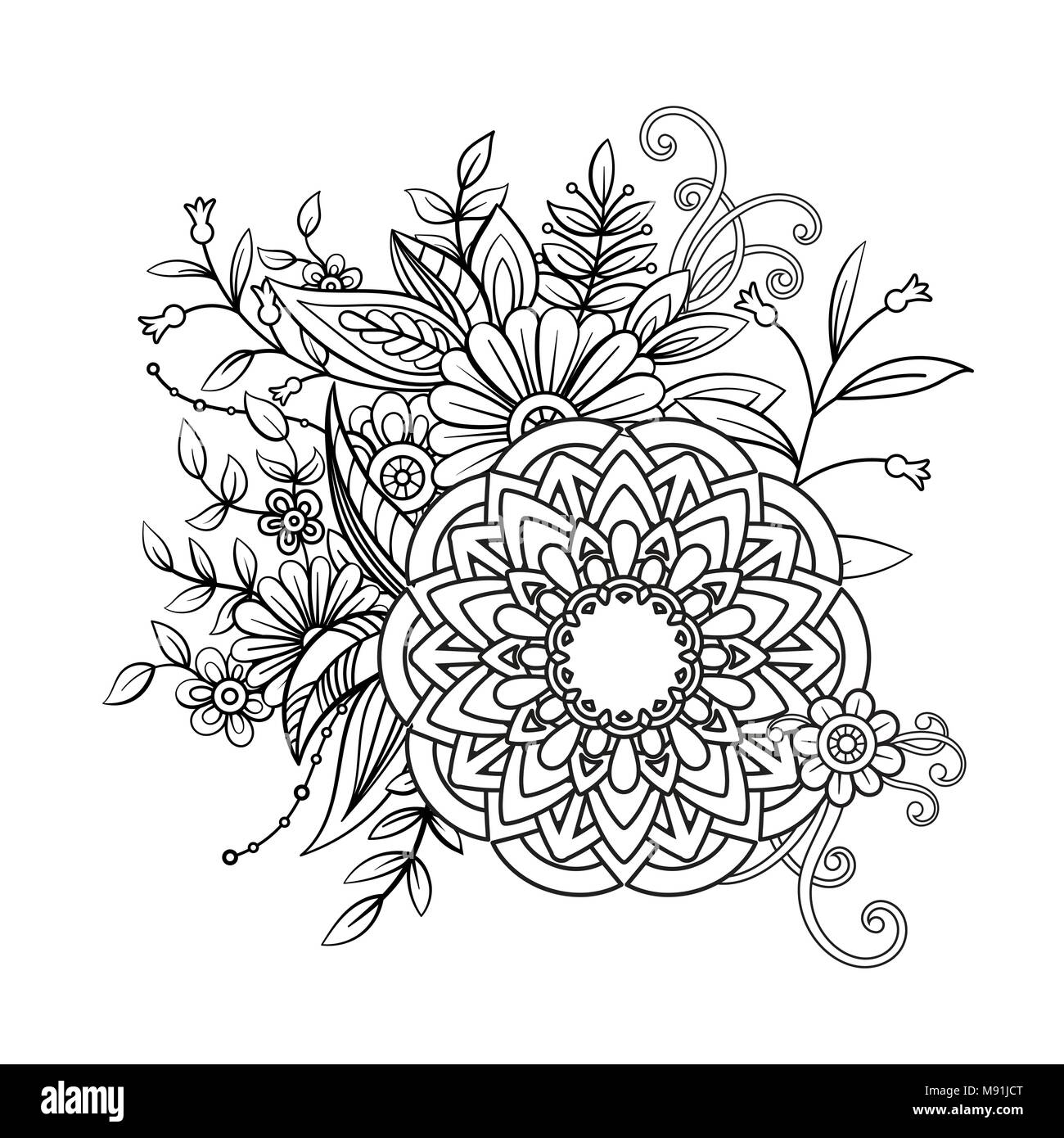 Motif floral mandala en noir et blanc. Livre de coloriage adultes page avec des fleurs et des mandalas. Motif Oriental, affiche des éléments décoratifs.