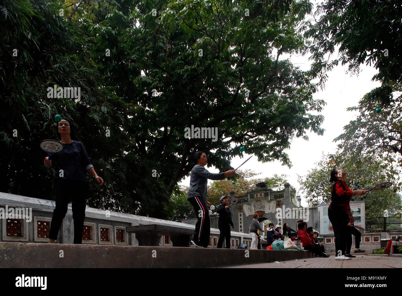 Session de tai chi tôt le matin le long des rives du lac Hoan Kiem. Des exercices avec les fans. Hanoi. Le Vietnam. Banque D'Images