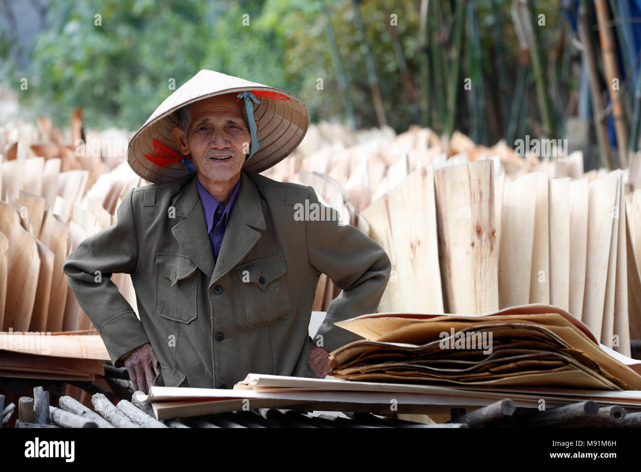 Vieil homme travaillant dans l'usine de bois. Fils du bac. Le Vietnam. Banque D'Images
