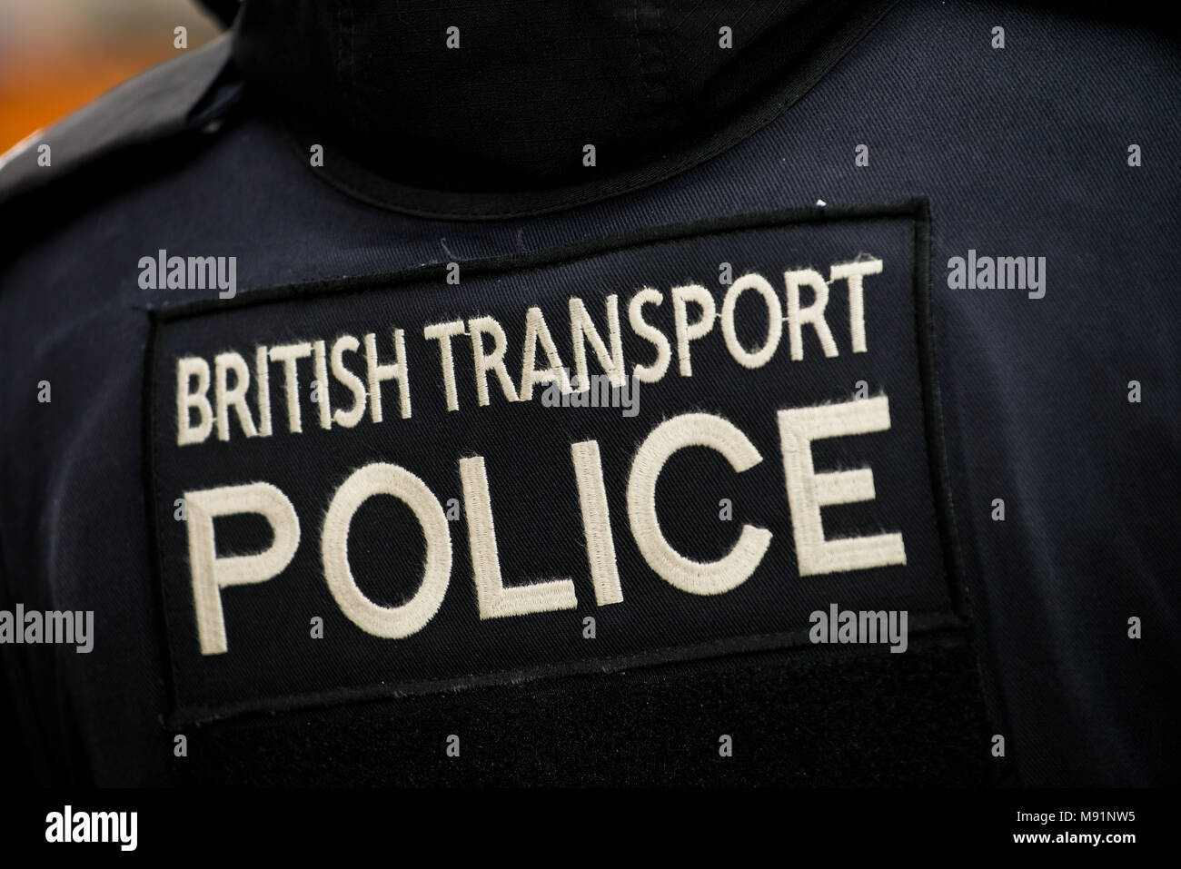 Agent de police avec son dos à la caméra avec la police britannique des Transports signe sur son gilet stab. Banque D'Images