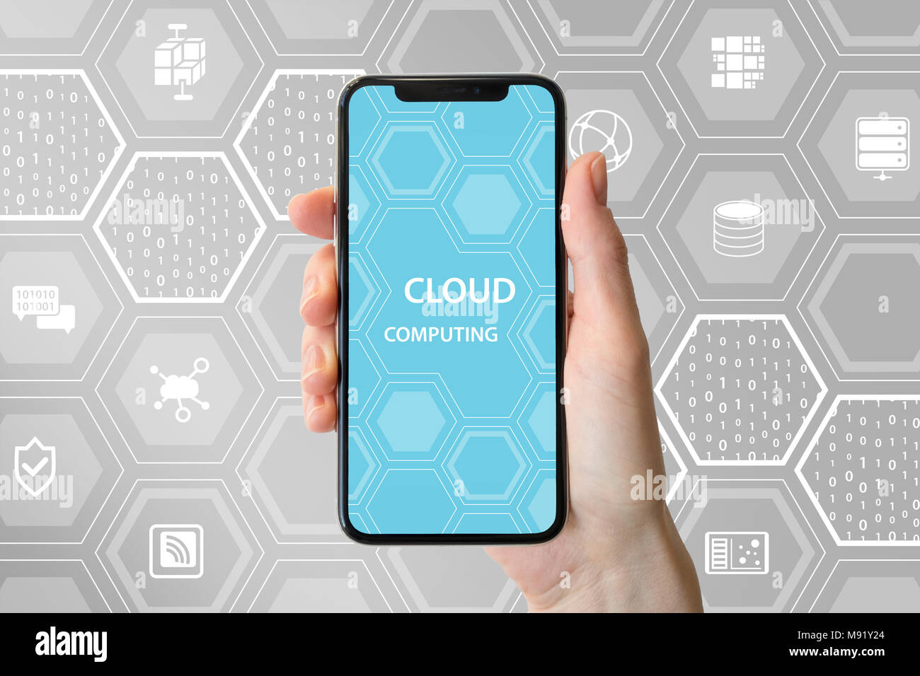 Cloud computing le texte affiché à l'écran tactile sans cadre. Hand holding smart phone moderne. Banque D'Images