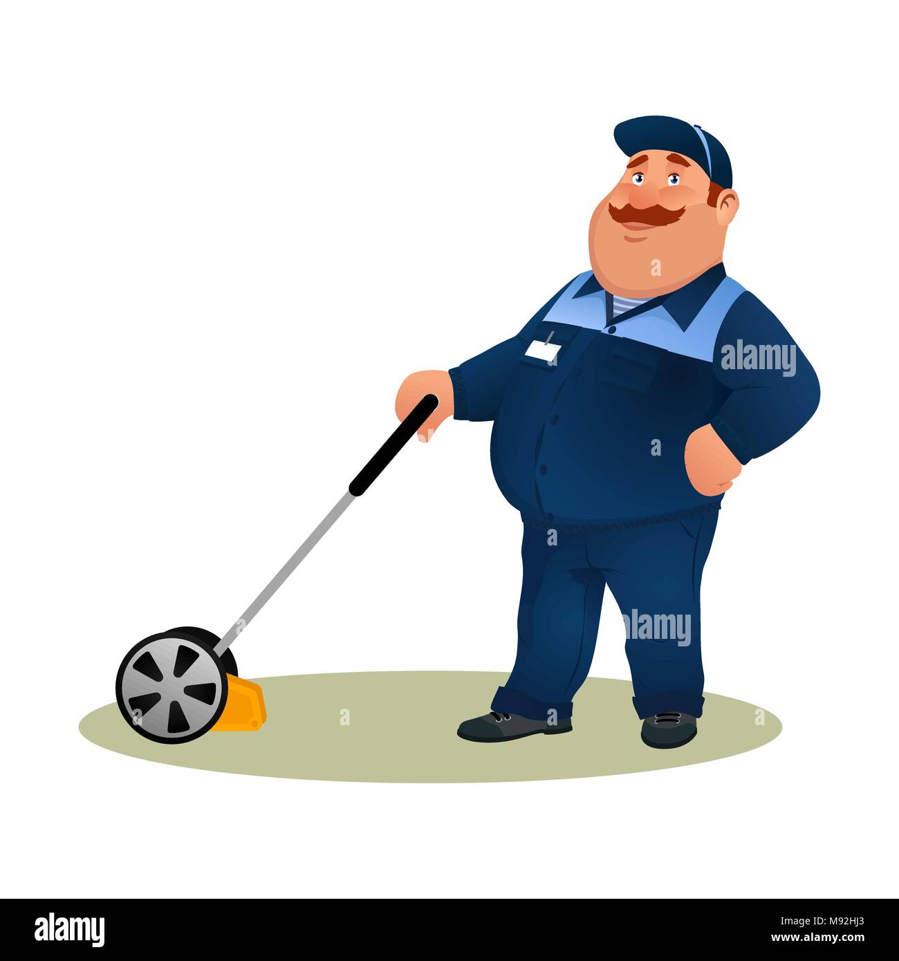 Funny cartoon agriculteur avec tondeuse à gazon. Caractère gras souriant homme jardinier costume bleu à couper l'herbe isolé sur fond blanc. Professionnels des pelouses de travailleur télévision publique vector illustration colorée Illustration de Vecteur