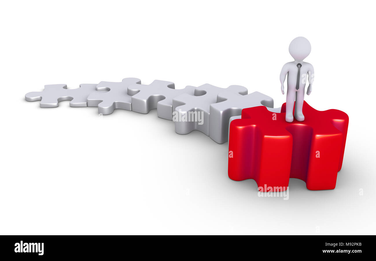 Homme d 3d est debout sur le dessus de la pièce de puzzle plus élevé Banque D'Images