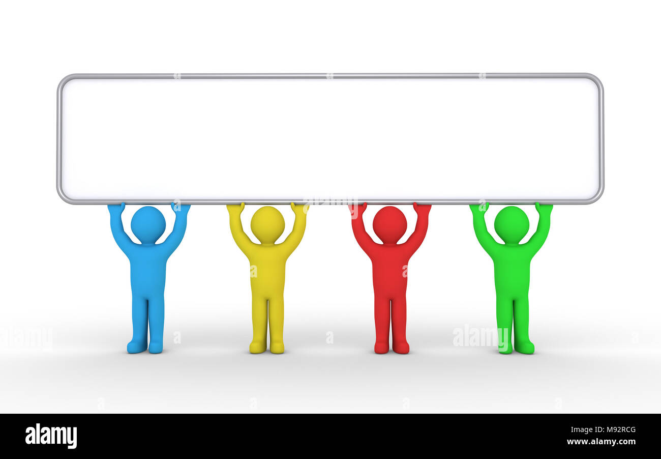 Quatre personnes de couleur différente dans une rangée sont holding a blank sign high Banque D'Images