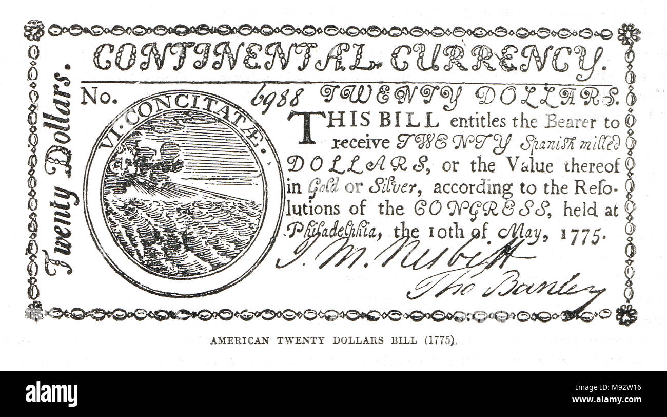 Loi américaine de $20, publiée par le Congrès continental, Guerre d'indépendance américaine, 1775–1783 Banque D'Images