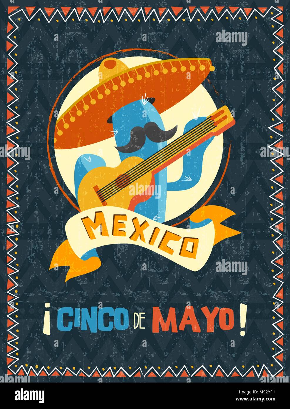 Heureux Le Cinco de Mayo a poster. Illustration de célébration traditionnelle mexicaine mariachi avec cactus drôle de texture vintage. Vecteur EPS10. Illustration de Vecteur
