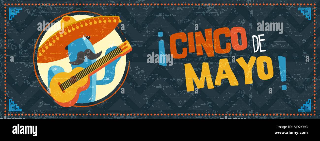 Heureux Le Cinco de Mayo maison de l'illustration. Événement festif bannière web mexicain avec drôle mariachi cactus et vintage. Vecteur EPS10. Illustration de Vecteur