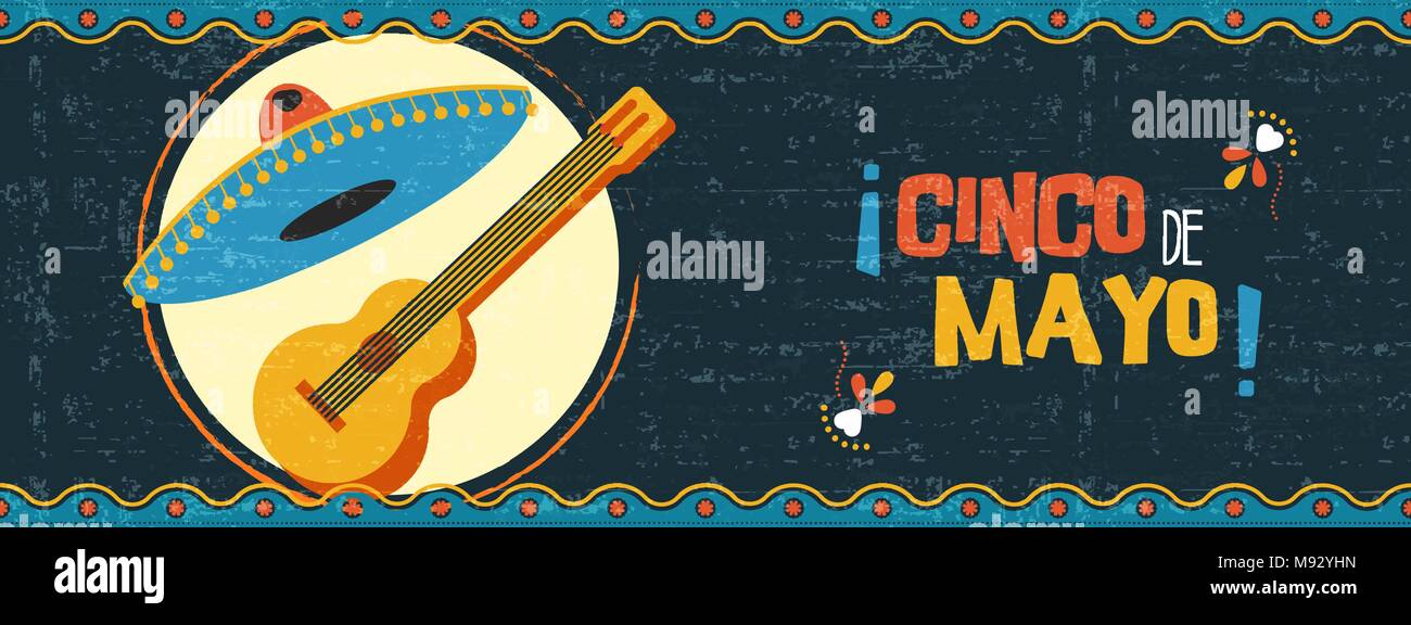 Heureux Le Cinco de Mayo partie illustration. Célébration traditionnelle mexicaine de bannière web guitare mariachi et hat le vintage. Vecteur EPS10. Illustration de Vecteur