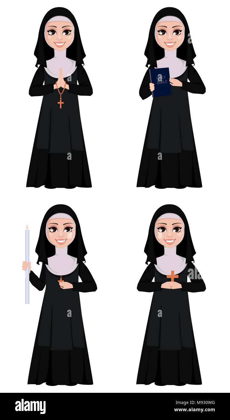 Nun, personnage, série de 4 poses. Sœur catholique souriante détient bougie brûlante, est titulaire d'bible, se dresse avec des mains qui prient et enseigne également. Vector Illustration de Vecteur