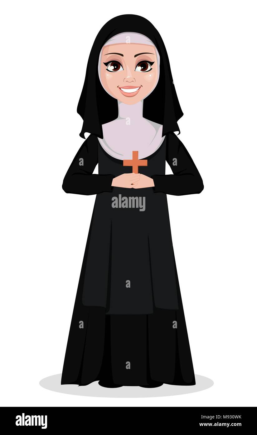 Nun personnage. Sœur catholique souriante détient croix en bois. Vector illustration sur fond blanc. Illustration de Vecteur