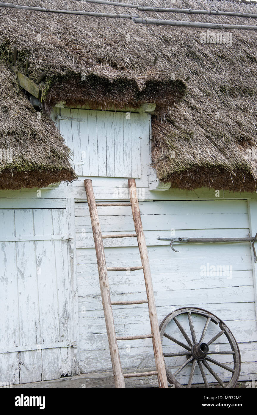 Sierpc, Pologne - Mai 2016 : Musée du Village de Mazovie Sierpc. Close up of old barn, bâtiment en bois peint en blanc avec toit de chaume Banque D'Images