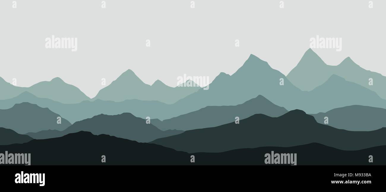 Vue panoramique sur le paysage de montagne avec du brouillard dans la vallée ci-dessous avec l'alpenglow ciel gris - seamless vector Illustration de Vecteur